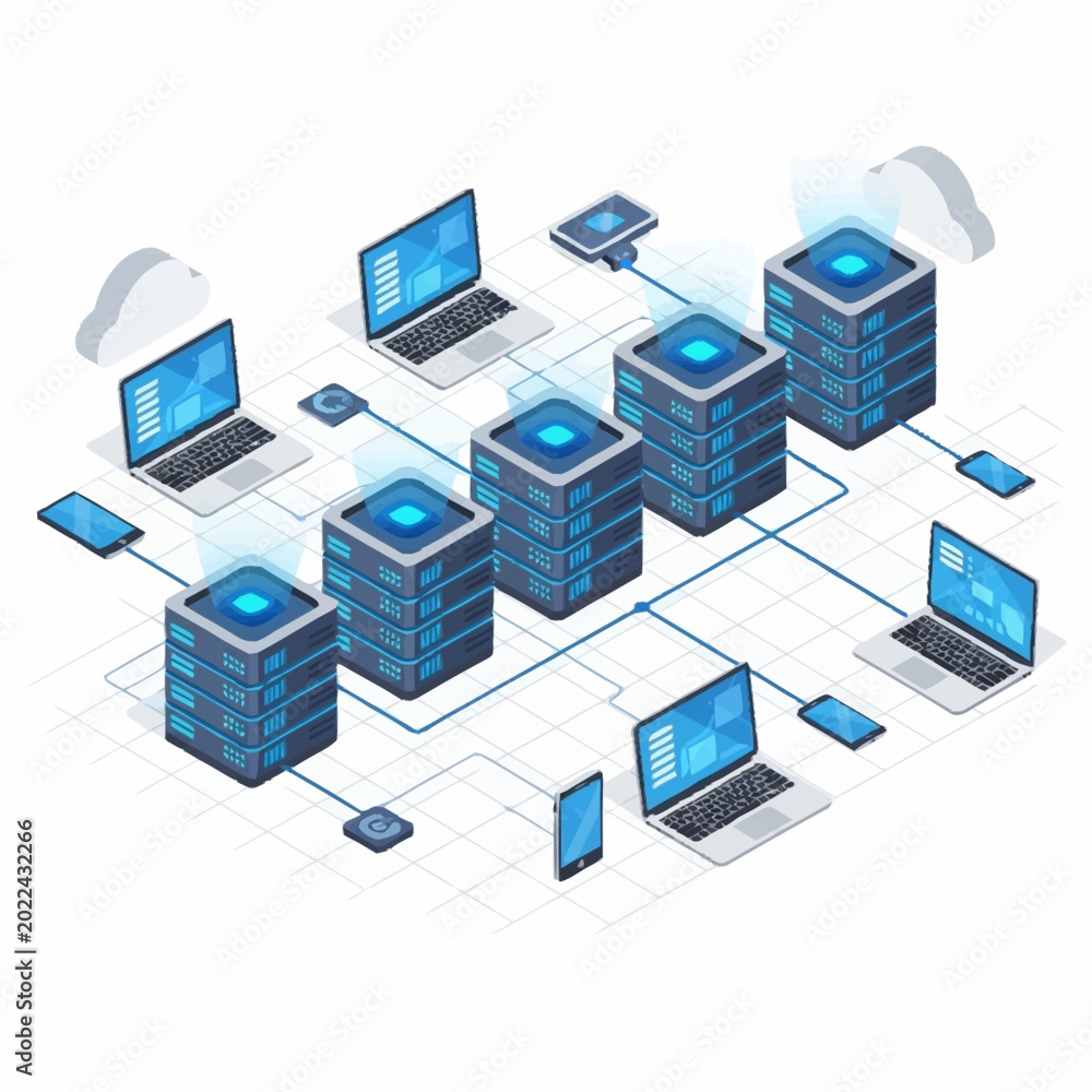 Foto Modern computer network connecting servers and devices.