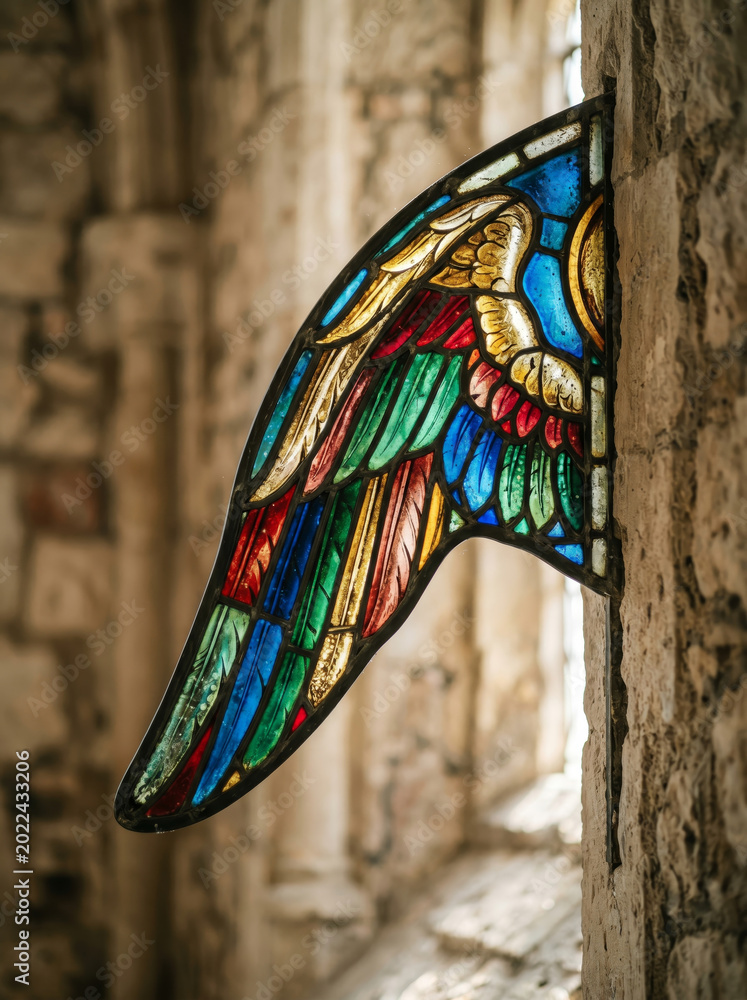 Fototapeta premium Colorful Stained Glass Wing in a Gothic Church Window