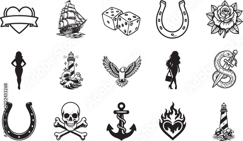 Canvas Print A collection of intricate vintage tattoo designs in monochrome, each artwork embodies classic symbols with a timeless aesthetic, showcasing the enduring appeal of traditional artistry