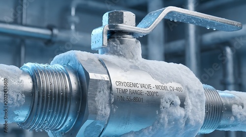 Close-up of frosty stainless steel cryogenic valve