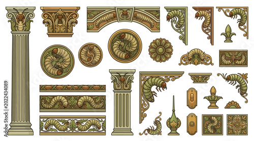 Ornate architectural elements and decorative flourishes featuring stylized caterpillar motifs, presented in a pixel art style