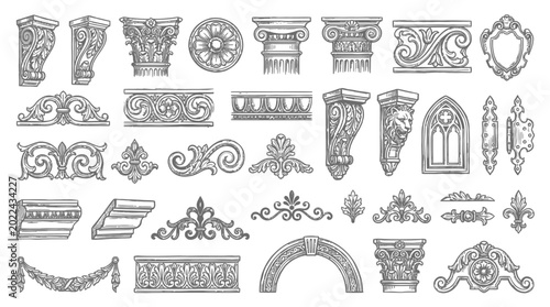 Collection of ornate architectural elements and decorative embellishments in classical and gothic styles for design and illustration purposes