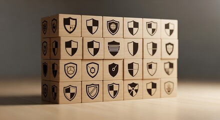 A stack of wooden blocks with various shield logos on them