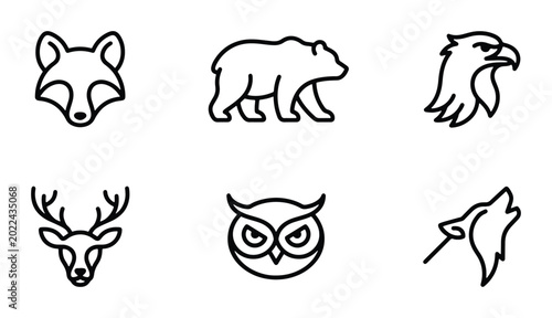 Photography Minimalist Wildlife Icons: Fox, Bear, Eagle, Deer, Owl, Wolf Line Art Set