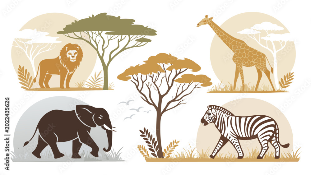 Obraz premium Lion elephant giraffe zebra animal icons.