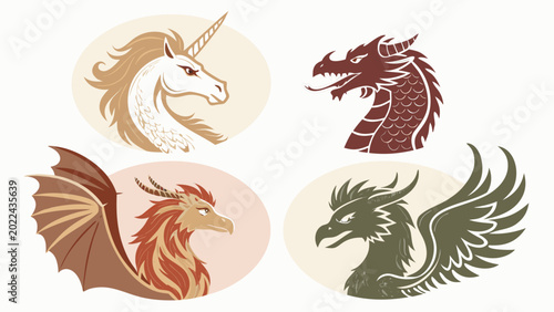 Fotografie Mythical creatures dragon and unicorn heads.