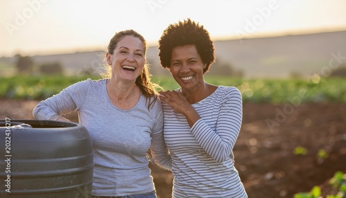 Two diverse women farmers laughing and sharing a moment in a regenerative vegetable field