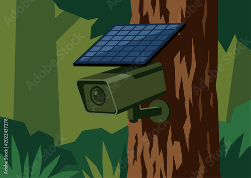 Fotografie A solar-powered security camera monitors a forest tree