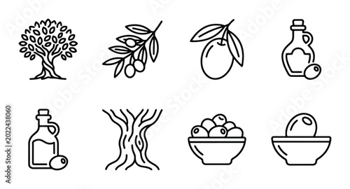 Foto Olive Tree Icons, Olive Branch Vector Graphics, Olive Oil Bottle Illustrations,