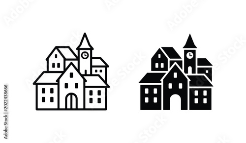 Set of Two Building Icons: Outline and Solid Fill Architectural Structures, Medieval Townhouse and Clock Tower Designs, Vector Graphics for City Planning and History Concepts