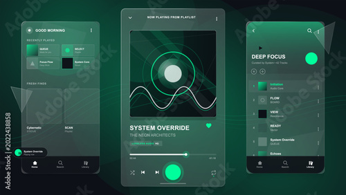 Obraz na plátně Dark music streaming app mockup with three mobile screens showing audio player,