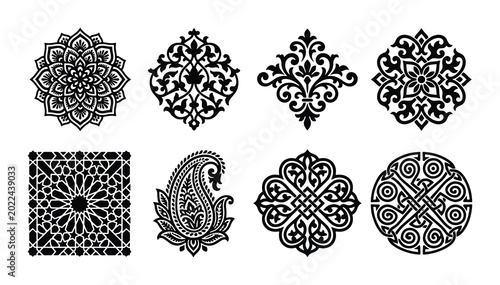 Intricate Black Ornamental Vector Elements, Decorative Flourishes & Paisley Motifs, Traditional Islamic Patterns, Elegant Damask Designs, Digital Art Collection