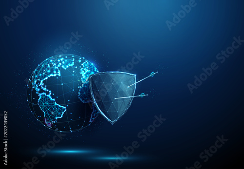Фотография 3D blue planet earth and shield with arrows