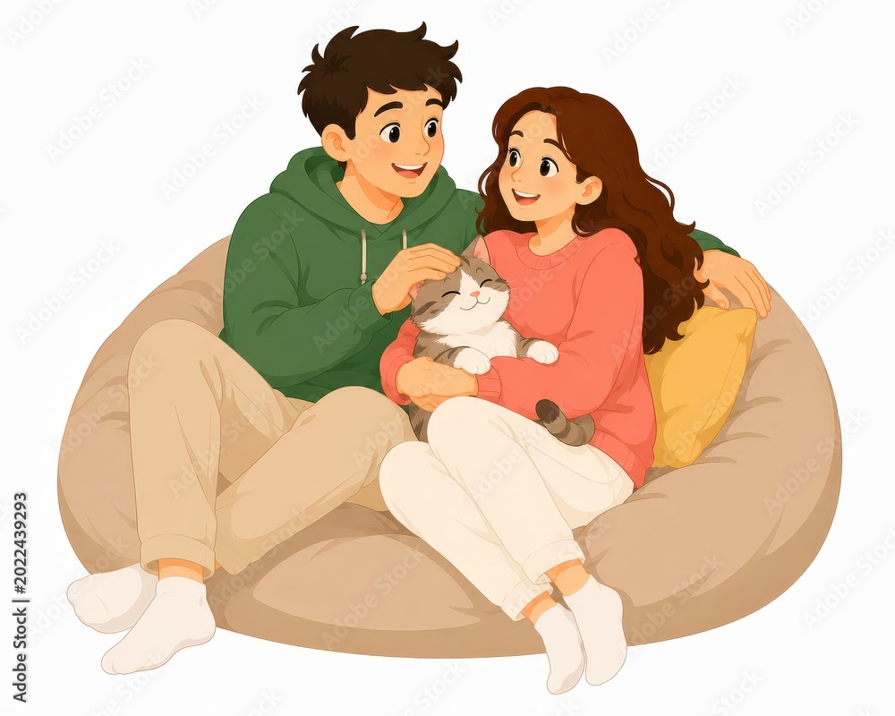 Obraz premium Happy couple petting cat on bean bag chair