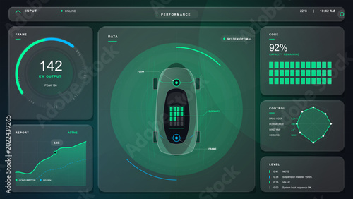 Fotografía Futuristic electric car dashboard interface with top view vehicle scan, performa