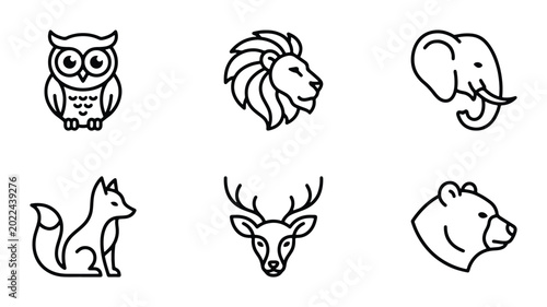 Canvas Print Minimalist Line Art Animal Icons Set: Owl, Lion, Elephant, Fox, Deer, Bear Vecto