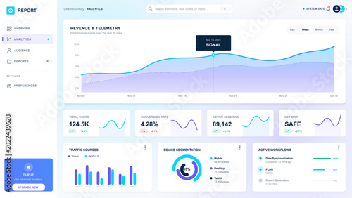 Fotografie Modern analytics dashboard interface with sidebar navigation, line chart, metric