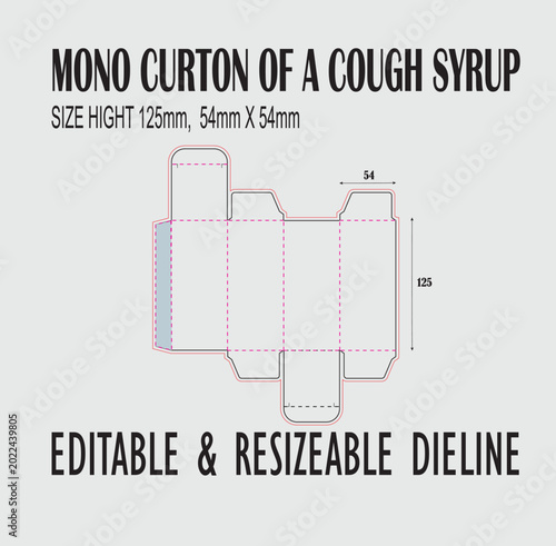 editable cough syrup packaging dieline template vector for mono carton box mockup and print design