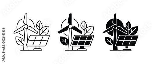 Photos Renewable Energy Icons Set: Wind Turbine, Solar Panel, Green Leaves, Eco-Friendl
