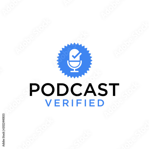 Tableau sur toile Simple black microphone icon with a blue verification checkmark badge within a circle, symbolizing authenticated audio content or a verified speaker