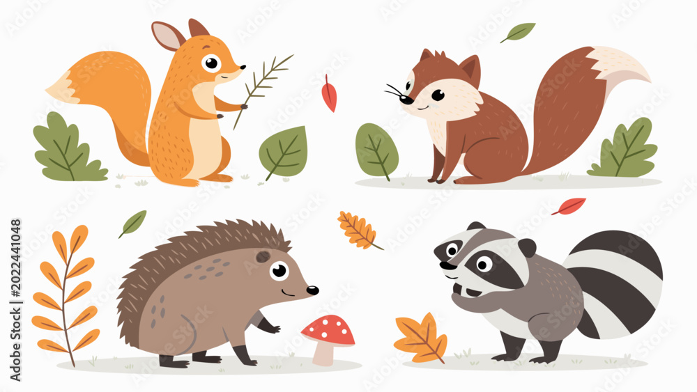 Fototapeta premium Cartoon forest animals illustration set.