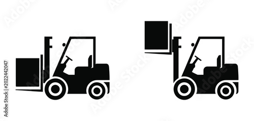 Canvas-taulu Forklift Truck icon with warehouse cargo lifting machine, operator silhouettes and heavy box unloading transport equipment design