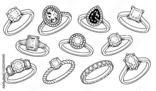 Foto Elegant diamond engagement ring vector collection with solitaire halo oval pear