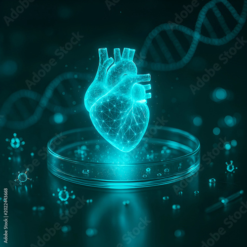 3D Futuristic Hologram of a Human Heart Floating Above a Petri Dish in a Lab Setting
