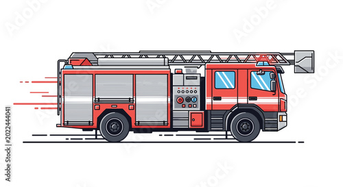 Red fire truck with a long ladder and emergency lights speeds across the frame with motion lines on a white background.