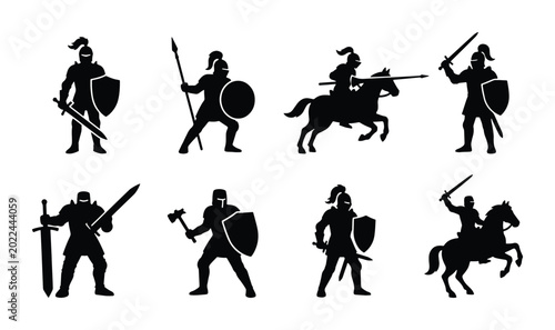 Foto Medieval Knights Vector Silhouettes, Warrior Figures with Swords and Shields, Ho