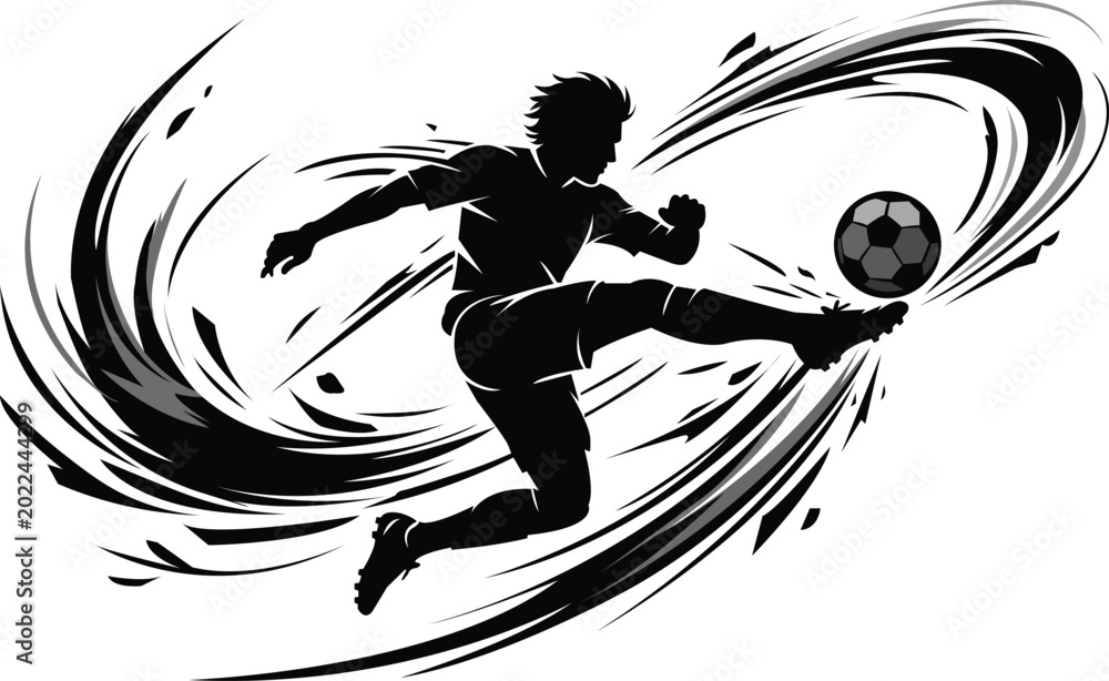Fototapeta premium Dynamic silhouette of a soccer player kicking a ball mid air, surrounded by abstract motion swirl lines
