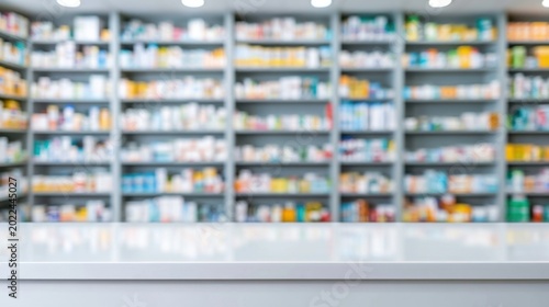 Blurred image of shelves filled with assorted medicine boxes and bottles inside a well-lit pharmacy or drug store interior with a clean white countertop in the foreground