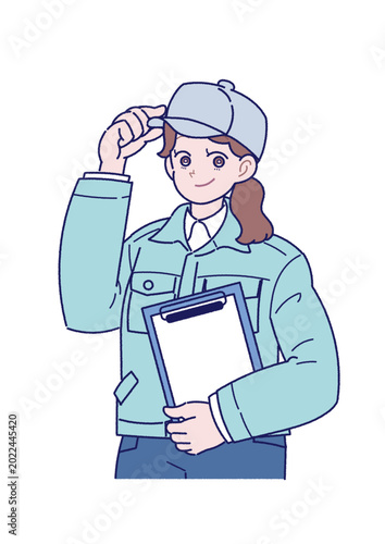 帽子を被り作業服を着た女性作業員のイラスト