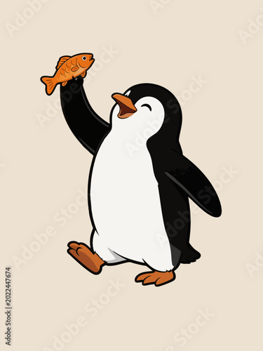 Φωτογραφία A flat style cartoon illustration of a cheerful penguin holding an orange cooked fish aloft in its raised wing, against a solid neutral background