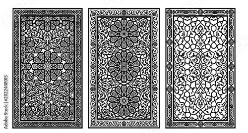 Intricate black and white jali panel vector set with Islamic geometric lattice ornament designs