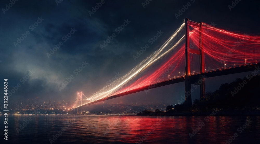 Obraz premium Illuminated suspension bridge at night with red and white light streaks reflecting on water