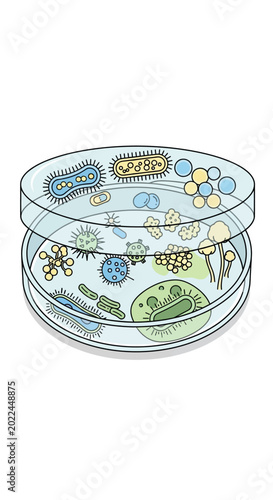 A detailed illustration of various microorganisms and cells cultured in two stacked petri dishes, representing microbiology research.