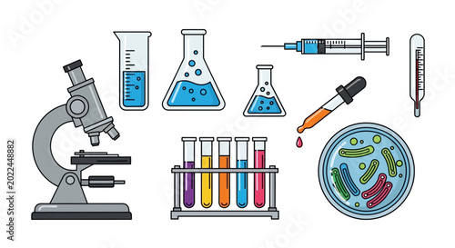 Various scientific laboratory equipment and tools for experiments and research.