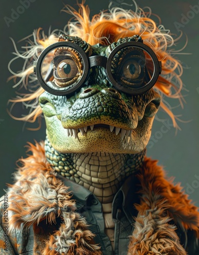 A detailed reptilian figure dressed in vibrant attire, orange hair and glasses, set against a neutral background. Creative and whimsical atmosphere.