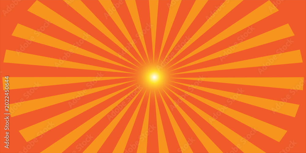 Obraz premium Abstract orange sunburst background with radial yellow sun rays and central glowing light effect