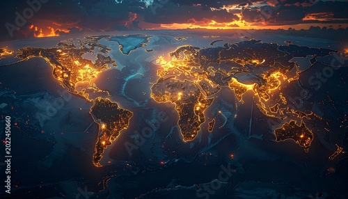 World map at night with city lights glowing brightly.