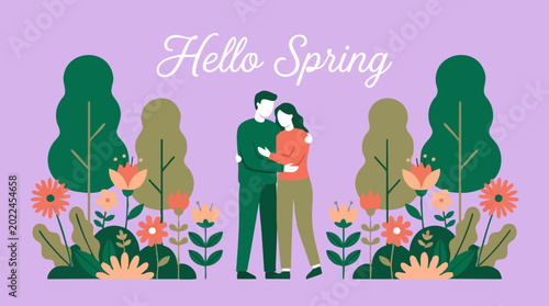 Foto Hello Spring Text with Embracing Couple in a Vibrant Floral Garden Illustration