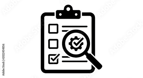Black pictogram icon of clipboard checklist with magnifying glass evaluation symbol, clean minimal vector style, isolated on white background