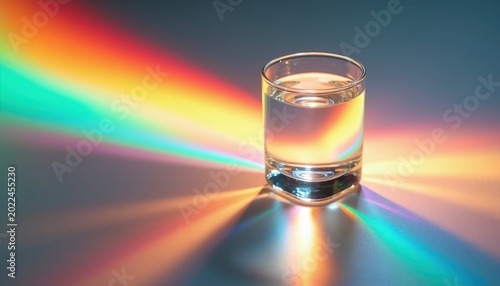 Clear glass filled with water casts colorful rainbow light spectrum reflections on surface. Light refracts creating spectrums and colorful rays from beverage glass.