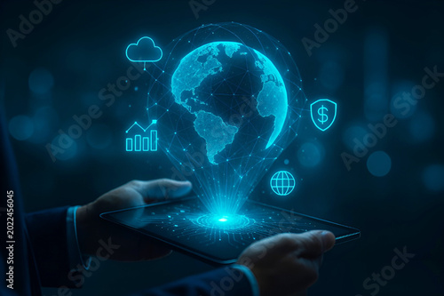 Global Network and Digital FinTech Connectivity on Tablet.
