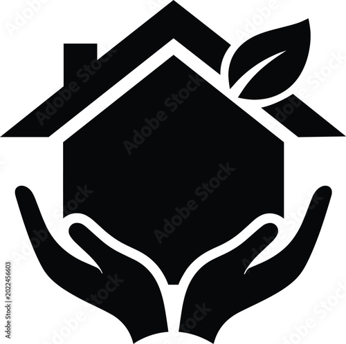 Hand holding house vector illustration, flat design eco home silhouette with leaf logo