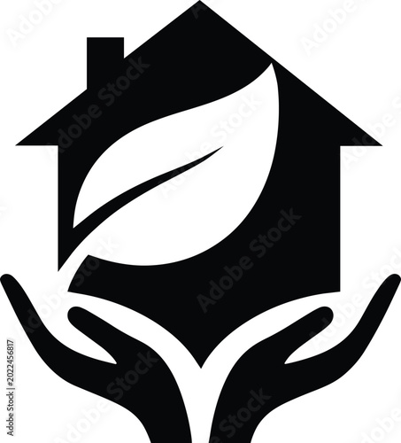 Hand holding house vector illustration, flat design shelter symbol with leaf silhouette