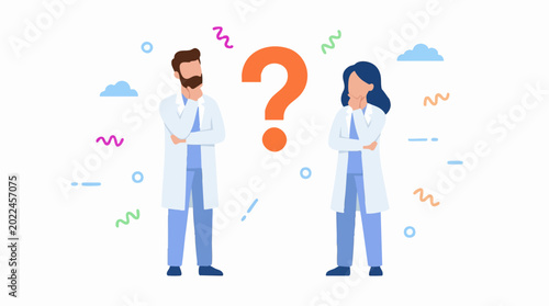 Fotografie Two thoughtful scientists with question mark pondering research problem