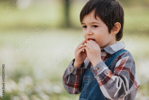 Fotografi A young boy eats a small fruit while standing outdoors