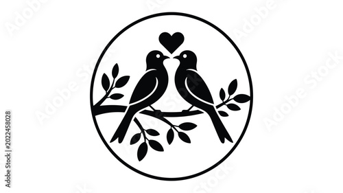 Konstfotografi Black and white of two birds perched on a branch with leaves
